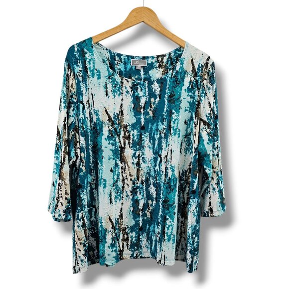 JM Collection Woman 2X Top Turquoise Abstract Print 3/4 Sleeve Stretch Fall Work - Picture 1 of 8